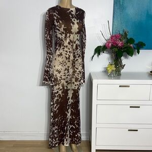 Brown & Cream Printed Long-Sleeve Maxi Dress